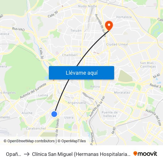 Opañel to Clínica San Miguel (Hermanas Hospitalarias) map