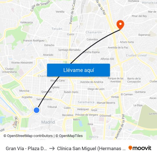 Gran Vía - Plaza De España to Clínica San Miguel (Hermanas Hospitalarias) map