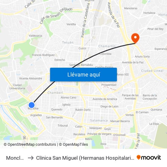 Moncloa to Clínica San Miguel (Hermanas Hospitalarias) map