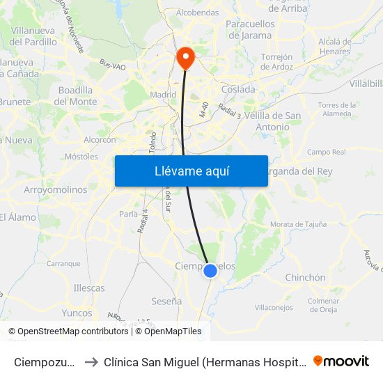 Ciempozuelos to Clínica San Miguel (Hermanas Hospitalarias) map