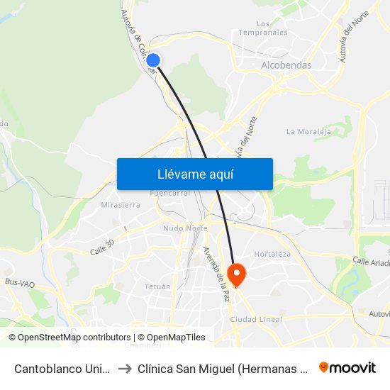 Cantoblanco Universidad to Clínica San Miguel (Hermanas Hospitalarias) map