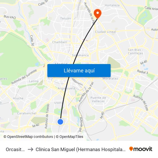 Orcasitas to Clínica San Miguel (Hermanas Hospitalarias) map