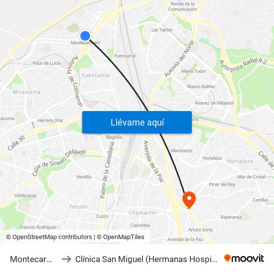 Montecarmelo to Clínica San Miguel (Hermanas Hospitalarias) map