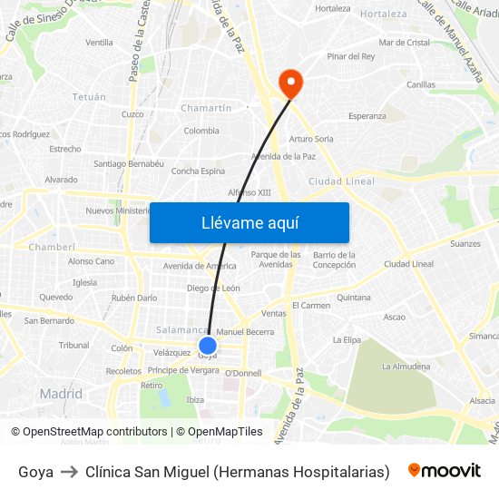 Goya to Clínica San Miguel (Hermanas Hospitalarias) map