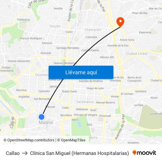 Callao to Clínica San Miguel (Hermanas Hospitalarias) map