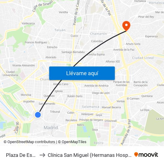 Plaza De España to Clínica San Miguel (Hermanas Hospitalarias) map