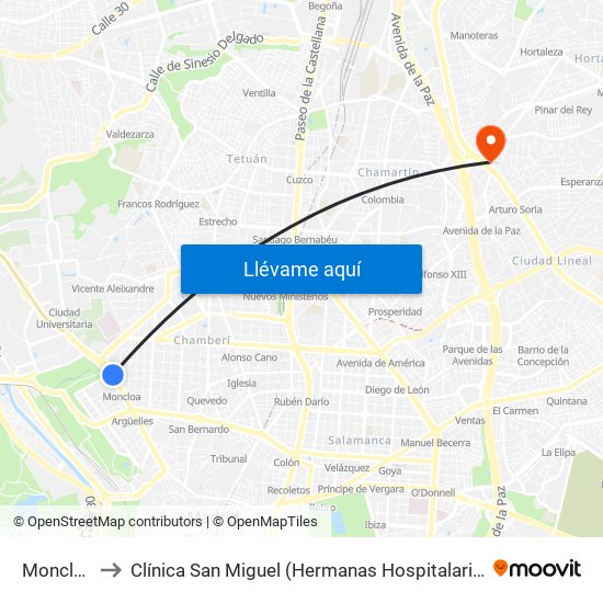 Moncloa to Clínica San Miguel (Hermanas Hospitalarias) map