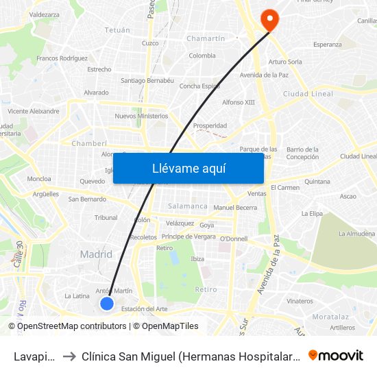 Lavapiés to Clínica San Miguel (Hermanas Hospitalarias) map