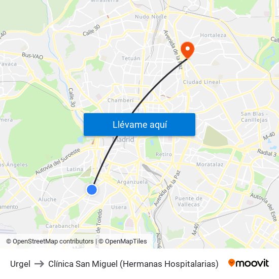 Urgel to Clínica San Miguel (Hermanas Hospitalarias) map