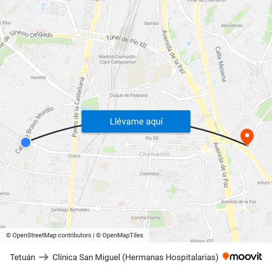 Tetuán to Clínica San Miguel (Hermanas Hospitalarias) map