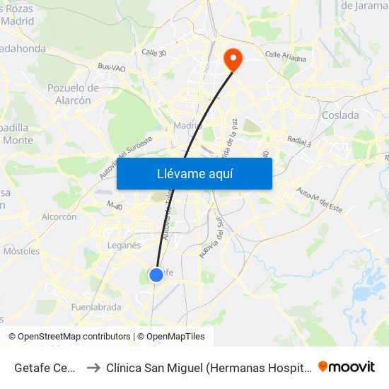 Getafe Central to Clínica San Miguel (Hermanas Hospitalarias) map