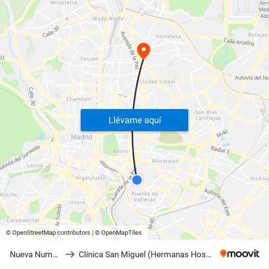 Nueva Numancia to Clínica San Miguel (Hermanas Hospitalarias) map