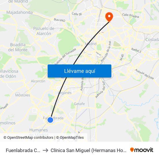 Fuenlabrada Central to Clínica San Miguel (Hermanas Hospitalarias) map