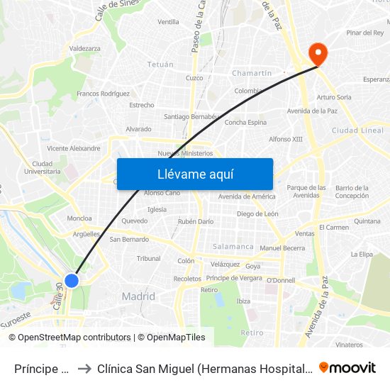 Príncipe Pío to Clínica San Miguel (Hermanas Hospitalarias) map