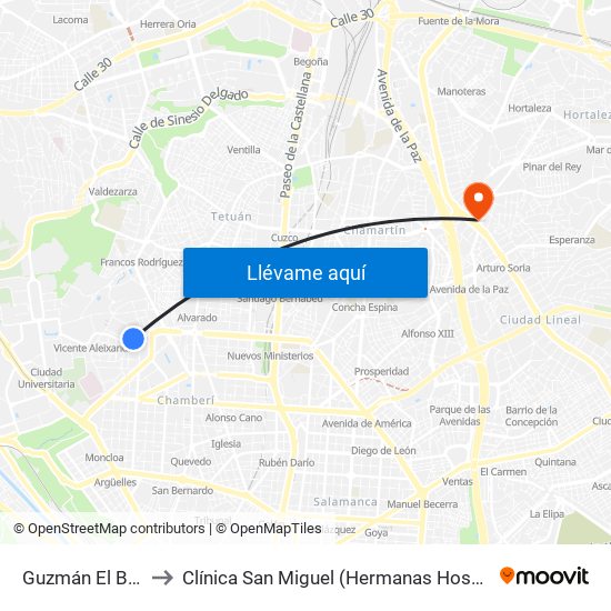 Guzmán El Bueno to Clínica San Miguel (Hermanas Hospitalarias) map