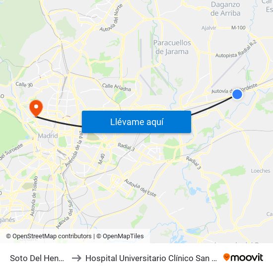 Soto Del Henares to Hospital Universitario Clínico San Carlos map