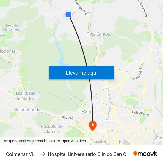 Colmenar Viejo to Hospital Universitario Clínico San Carlos map