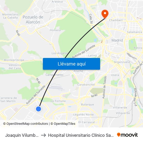 Joaquín Vilumbrales to Hospital Universitario Clínico San Carlos map