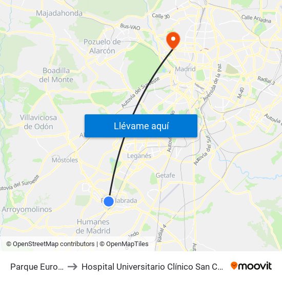Parque Europa to Hospital Universitario Clínico San Carlos map