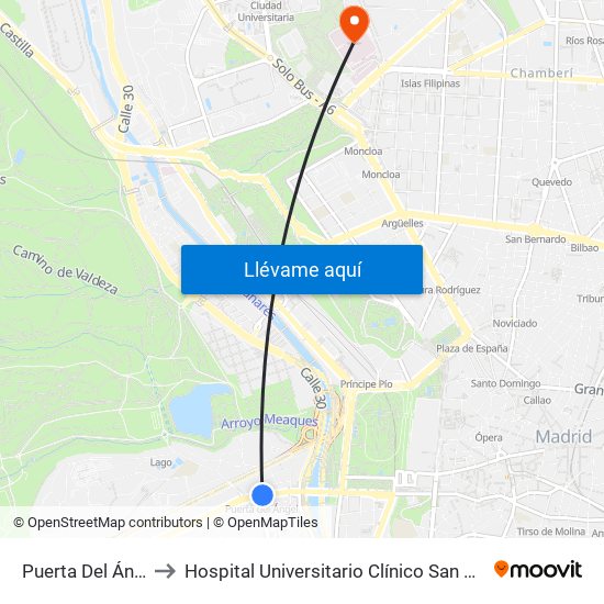 Puerta Del Ángel to Hospital Universitario Clínico San Carlos map