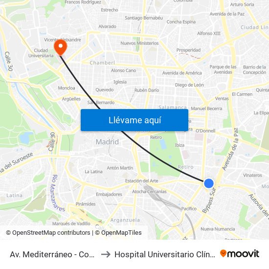 Av. Mediterráneo - Conde De Casal to Hospital Universitario Clínico San Carlos map