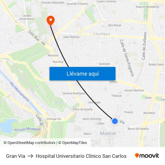 Gran Vía to Hospital Universitario Clínico San Carlos map