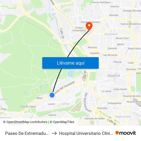 Paseo De Extremadura - El Greco to Hospital Universitario Clínico San Carlos map