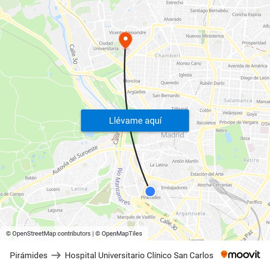 Pirámides to Hospital Universitario Clínico San Carlos map