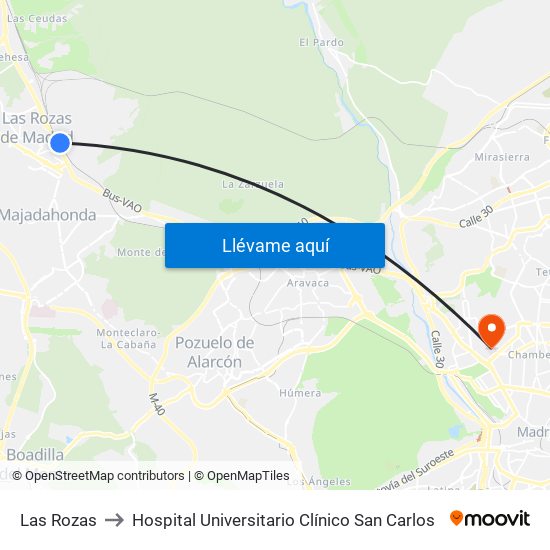 Las Rozas to Hospital Universitario Clínico San Carlos map