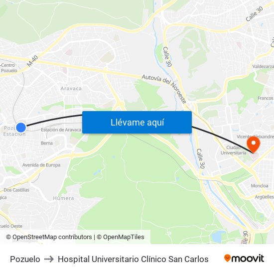 Pozuelo to Hospital Universitario Clínico San Carlos map