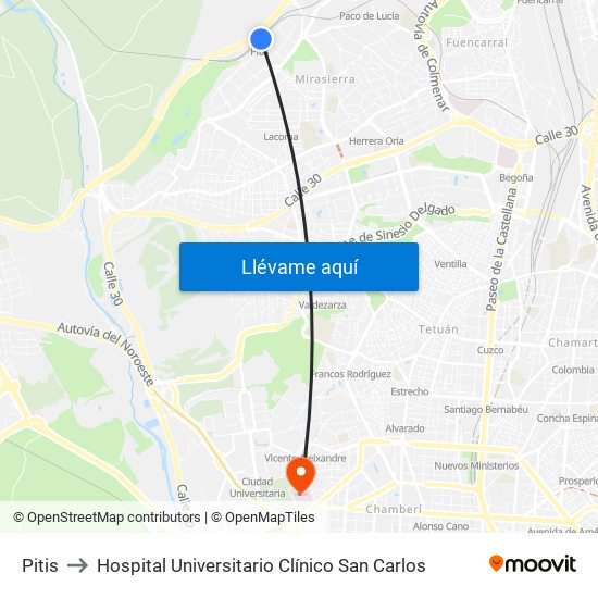 Pitis to Hospital Universitario Clínico San Carlos map