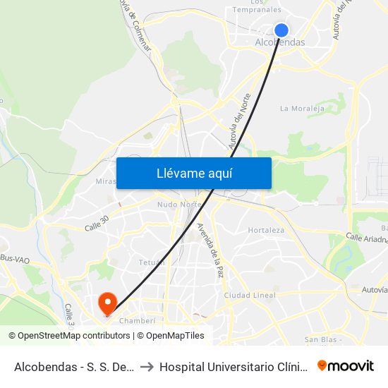 Alcobendas - S. S. De Los Reyes to Hospital Universitario Clínico San Carlos map