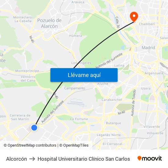 Alcorcón to Hospital Universitario Clínico San Carlos map