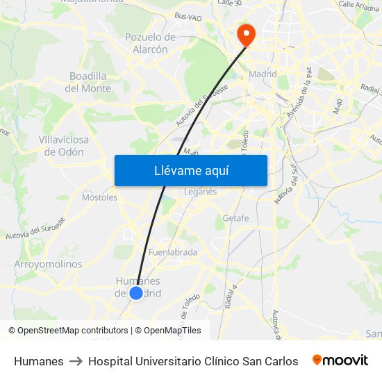 Humanes to Hospital Universitario Clínico San Carlos map