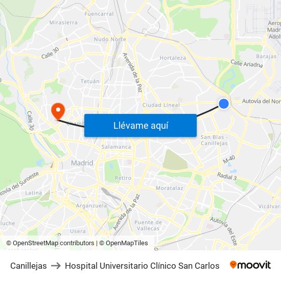 Canillejas to Hospital Universitario Clínico San Carlos map