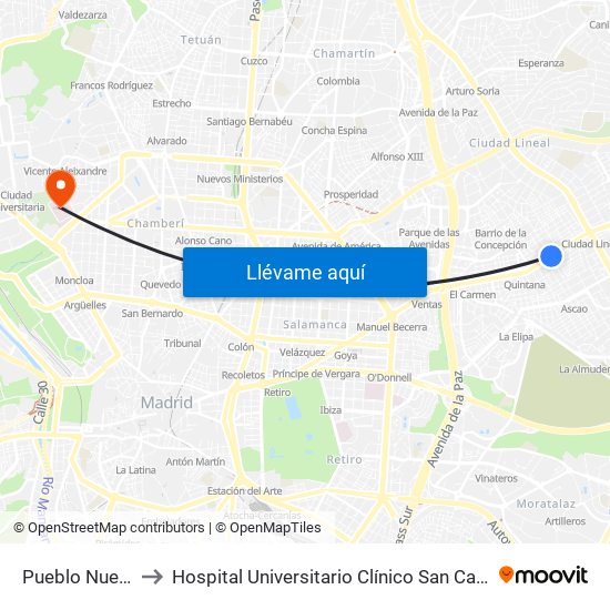 Pueblo Nuevo to Hospital Universitario Clínico San Carlos map