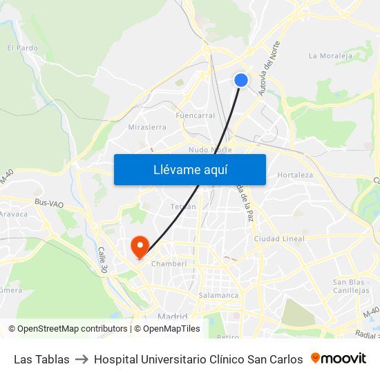 Las Tablas to Hospital Universitario Clínico San Carlos map