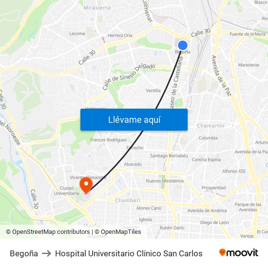Begoña to Hospital Universitario Clínico San Carlos map