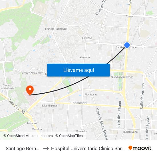Santiago Bernabéu to Hospital Universitario Clínico San Carlos map