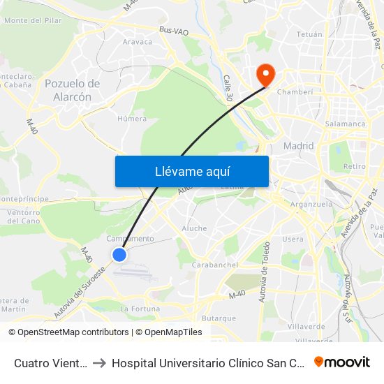 Cuatro Vientos to Hospital Universitario Clínico San Carlos map