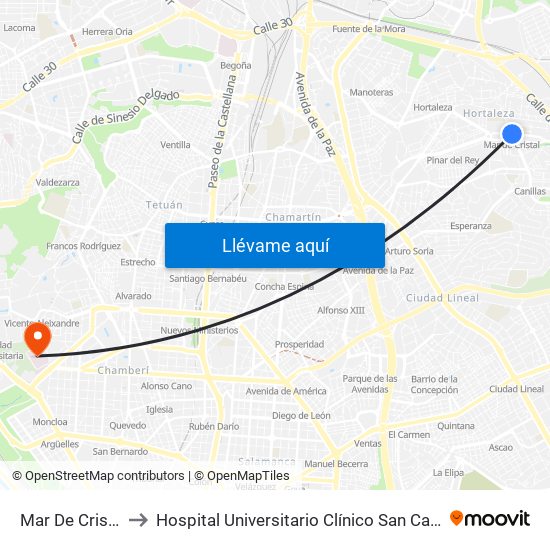 Mar De Cristal to Hospital Universitario Clínico San Carlos map