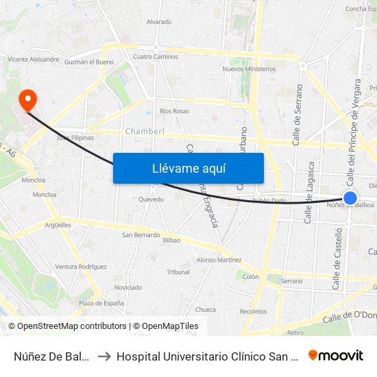 Núñez De Balboa to Hospital Universitario Clínico San Carlos map