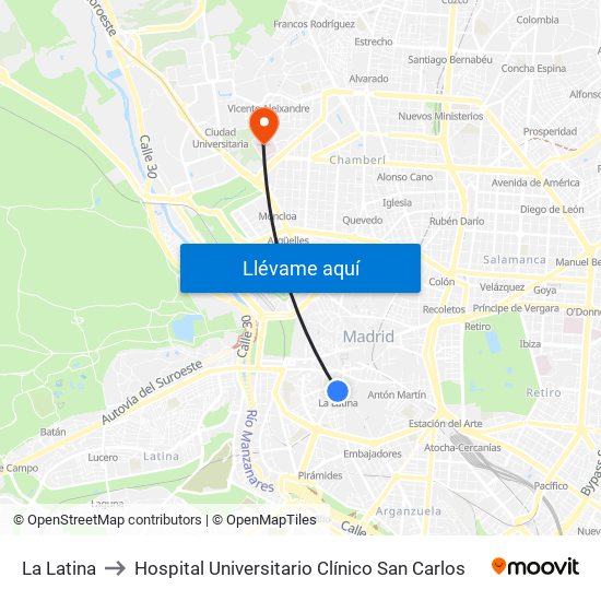 La Latina to Hospital Universitario Clínico San Carlos map