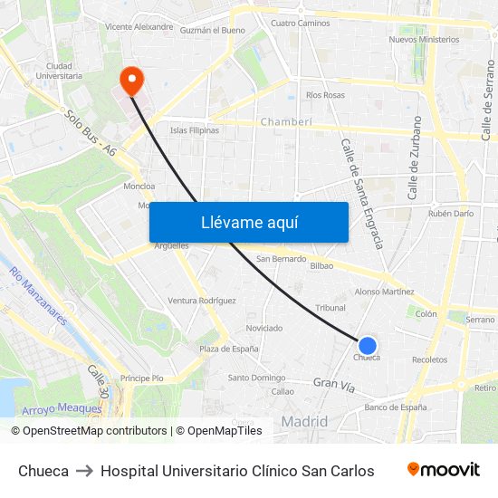 Chueca to Hospital Universitario Clínico San Carlos map