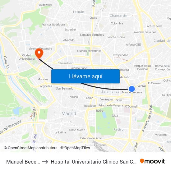 Manuel Becerra to Hospital Universitario Clínico San Carlos map