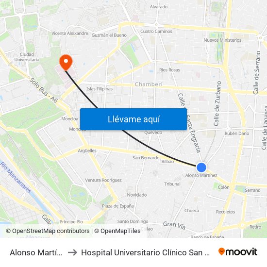 Alonso Martínez to Hospital Universitario Clínico San Carlos map