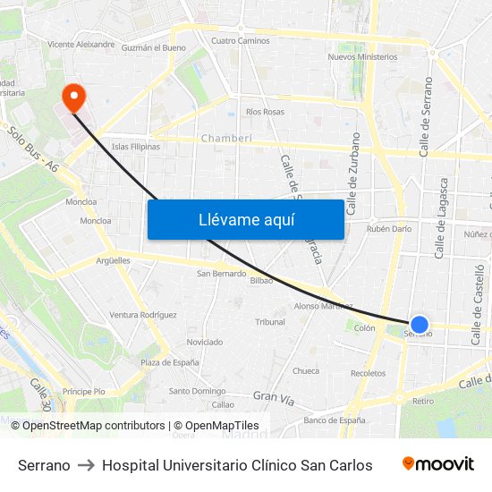 Serrano to Hospital Universitario Clínico San Carlos map