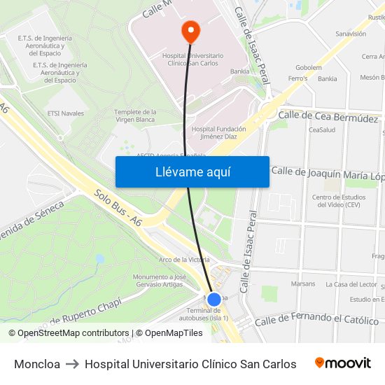 Moncloa to Hospital Universitario Clínico San Carlos map