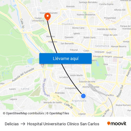 Delicias to Hospital Universitario Clínico San Carlos map