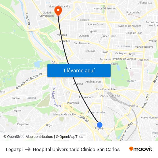 Legazpi to Hospital Universitario Clínico San Carlos map